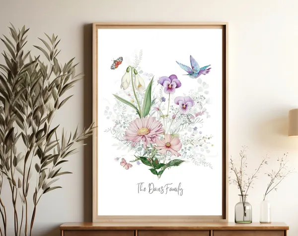 Custom Birth Flower Family Bouquet Art Print, Personalized