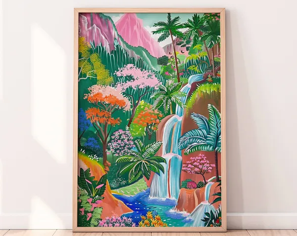 Waterfall Drawing Botanical Scenery Art Print