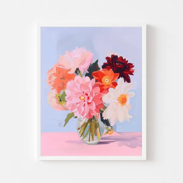 Colorful Dahlia Bouquet Painting, Floral Art Print