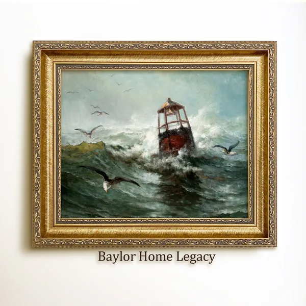 Buoy in Rough Seas with Seagulls, Vintage Seascape Art Print