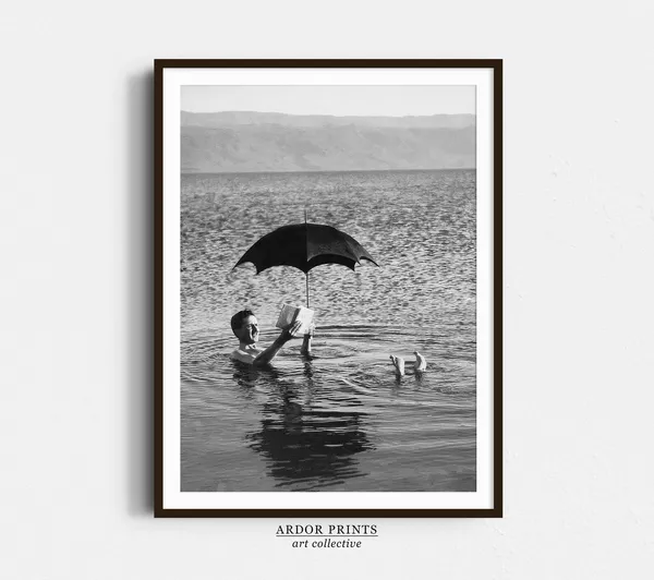 Man Floating In Lake With Book, Vintage Photo Print