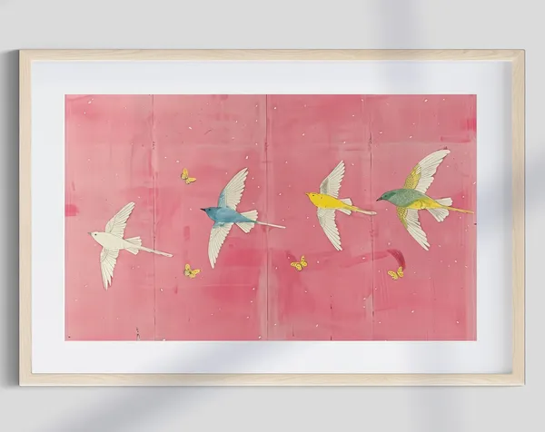 Pink Birds and Butterflies Abstract Art Print