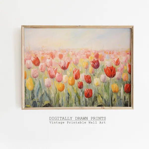 Spring Tulips Oil Painting Floral Print, Farmhouse Decor