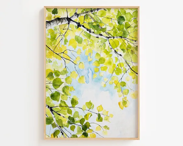 Spring Birch Leaves Watercolor Art Print, Nature