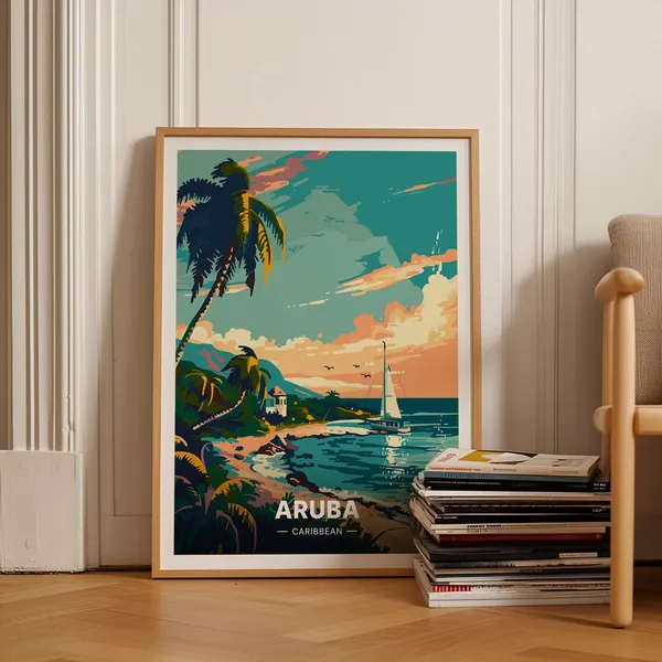 Aruba Travel Poster, Caribbean-Inspired Beach Scene
