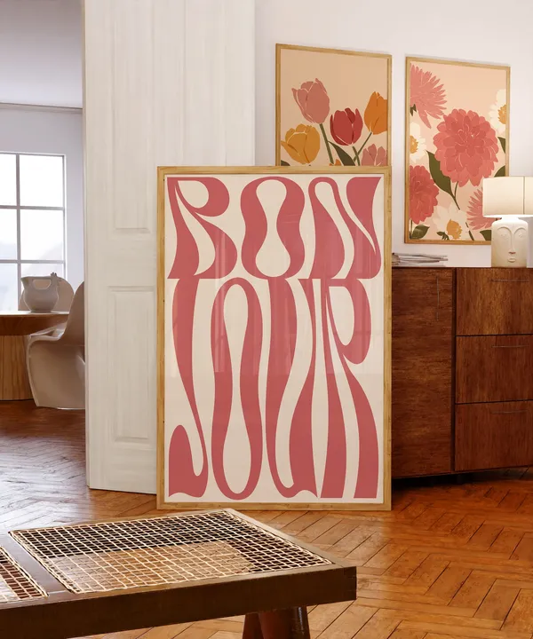 Groovy Bonjour Typography Poster, Retro French Art