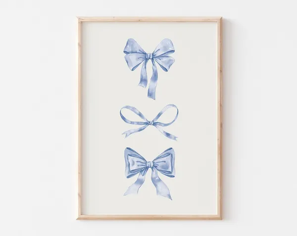Blue Bow Nursery Art Print, Preppy Balletcore Decor
