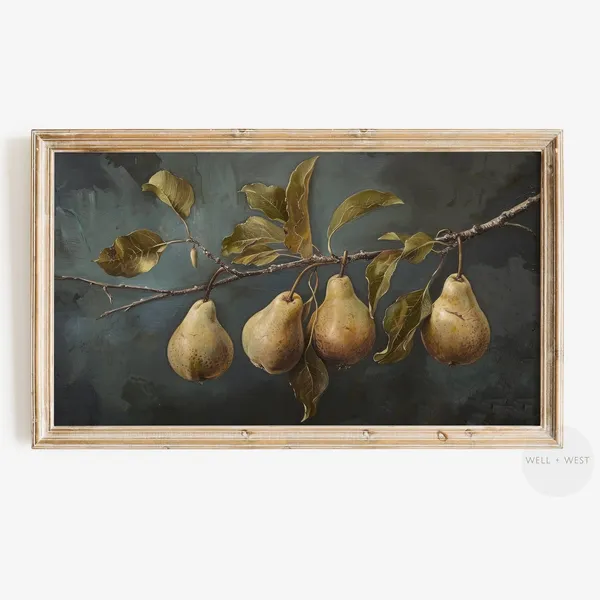 Summer Pear Still Life, Moody Vintage Oil Painting