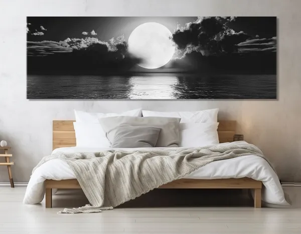 Moon Over Sea, Black And White Coastal Wall Art Print