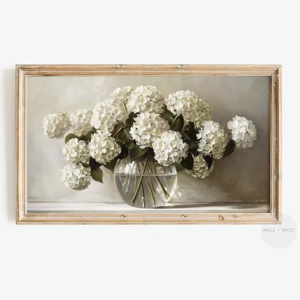White Hydrangeas Vintage Style Floral Art Print