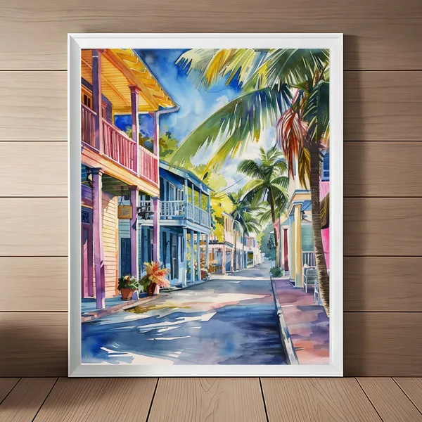 Key West Streetscape Watercolor Travel Poster