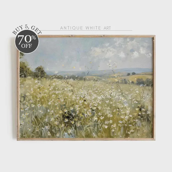 Summer Wildflower Field Painting, Meadow Landscape Art Print
