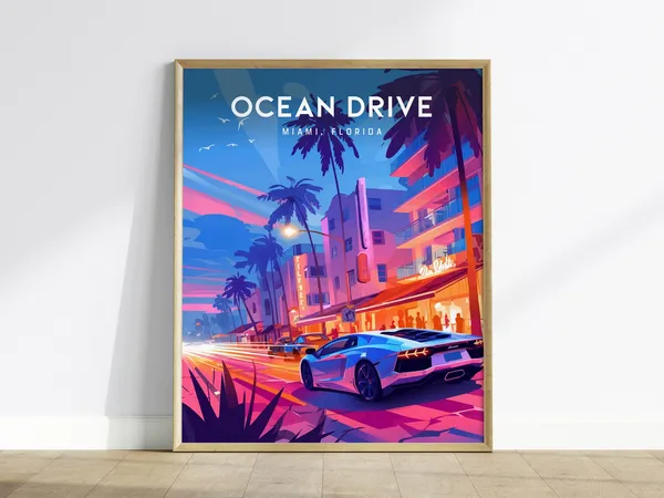 Ocean Drive South Beach Miami Travel Poster, 80s Style