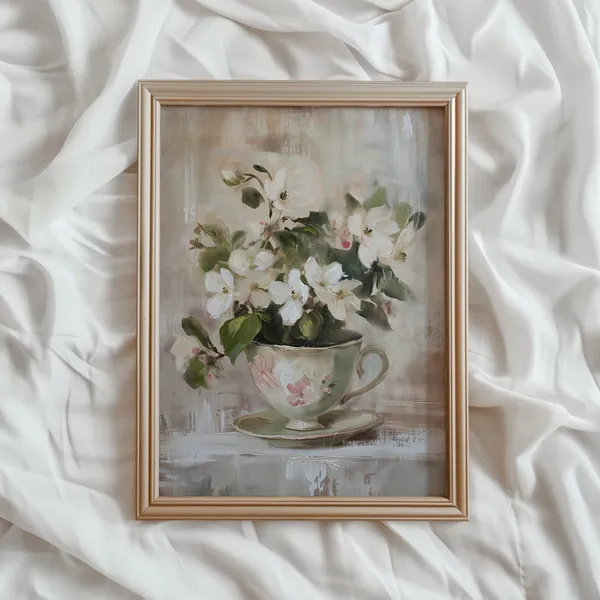 Teacup Flower Painting, Light Academia Art Print