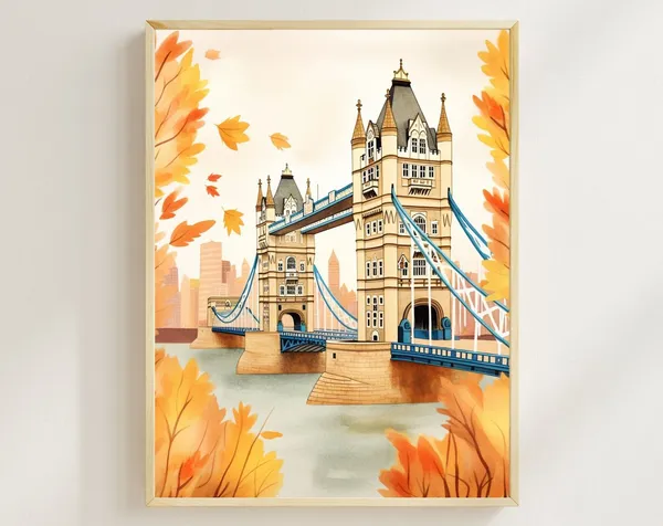 London Tower Bridge Watercolor Art Print, Fall Colors