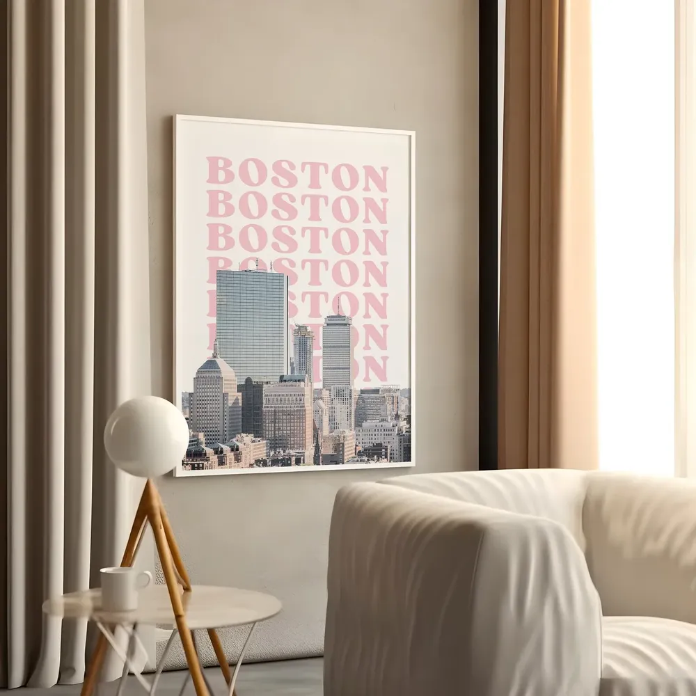 Boston Travel Print, Retro Pink Wall Art - Image 3