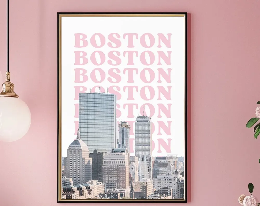 Boston Travel Print, Retro Pink Wall Art