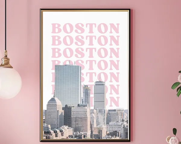 Boston Travel Print, Retro Pink Wall Art