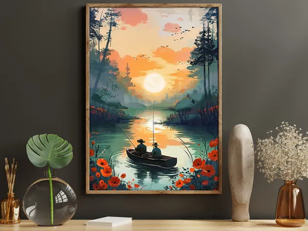 Vintage Men Fishing on the Lake Landscape Art Print