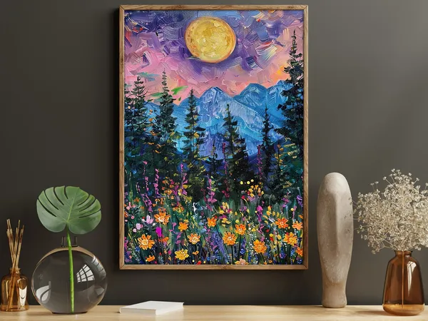 Vintage Moon And Forest Mountain Art Print