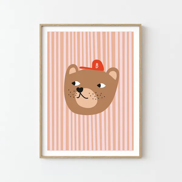 Bear With Cap Kids Nursery Stripes Art Print