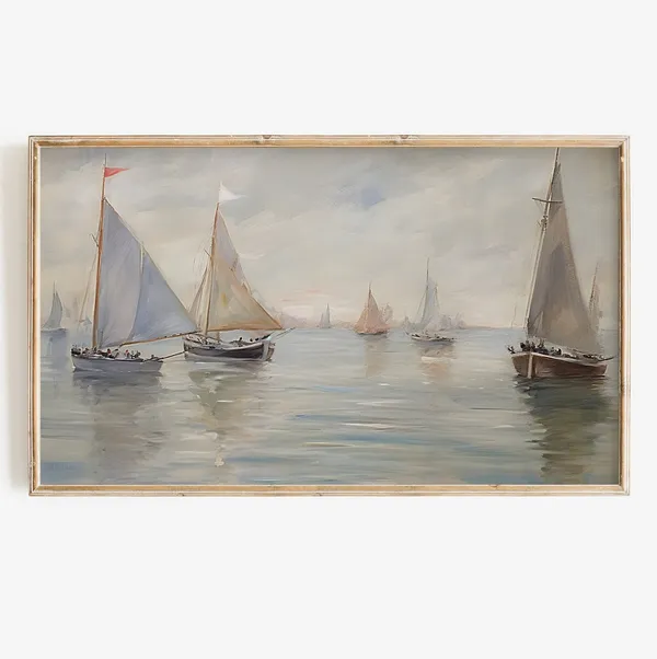 Vintage Sailboat Lake Art Print, Soft Neutral Tones