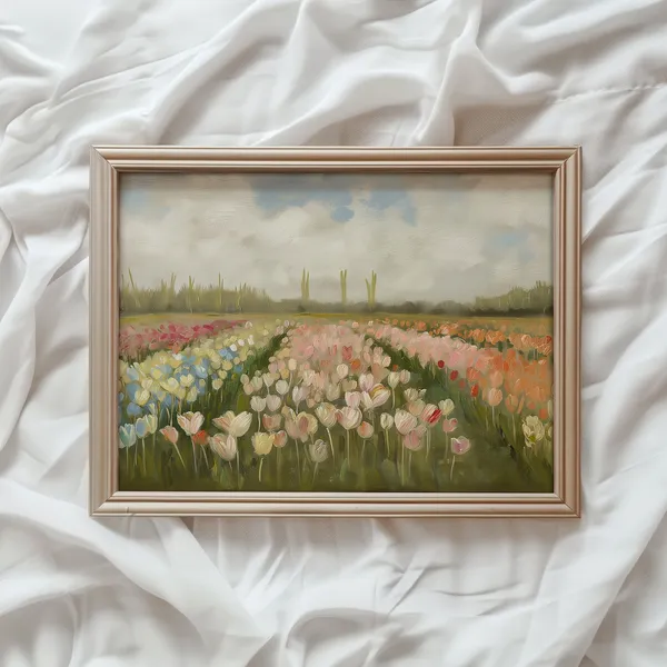 Tulip Field Spring Art Print, Pastel Meadow Landscape