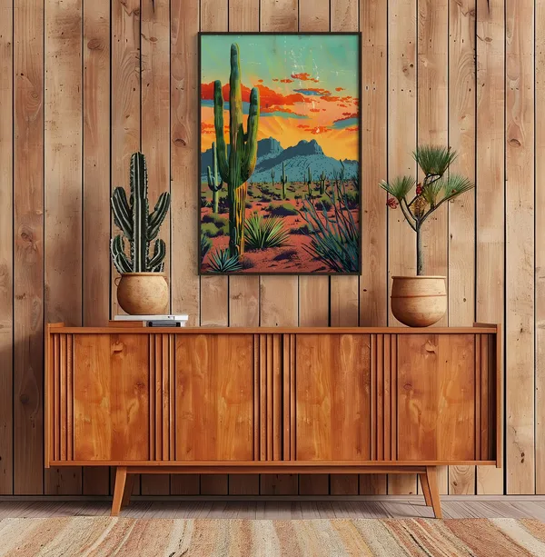 Vintage Desert Landscape Art Print, Saguaro Cactus