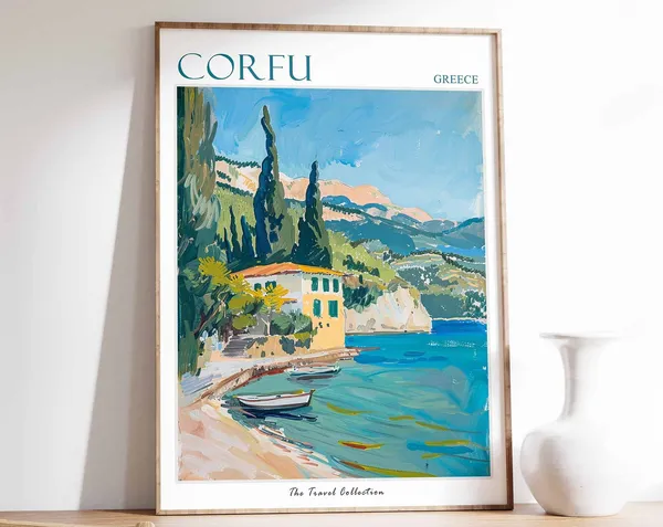 Corfu Travel Poster, Greece Tropical Beach Art