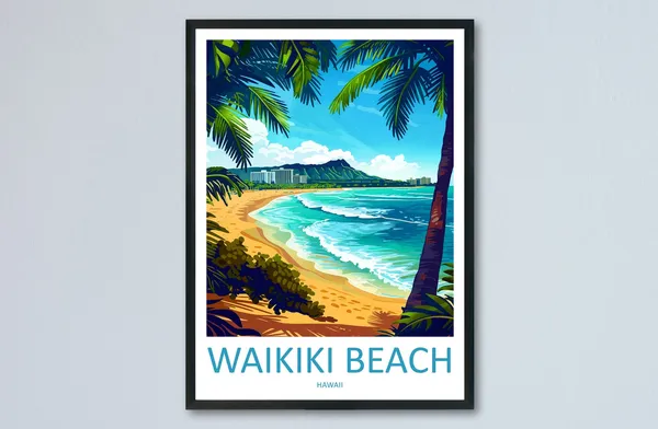 Waikiki Beach Travel Poster, Hawaii Place Art