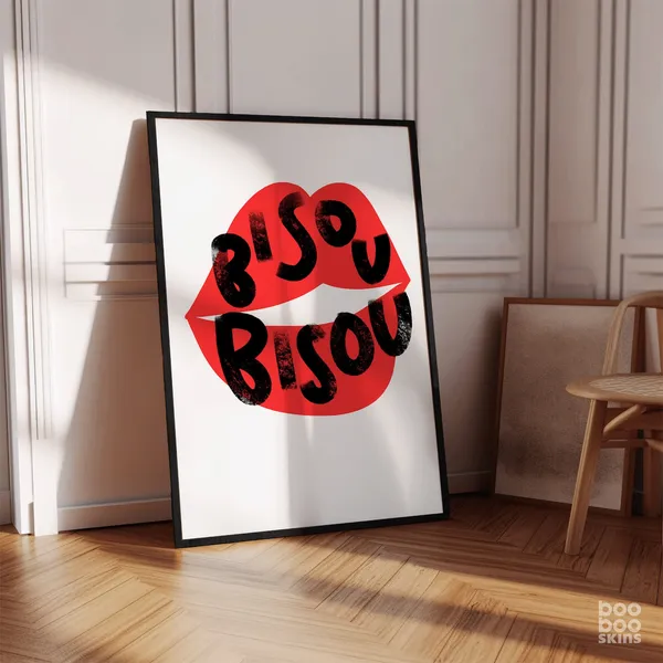 Bisou French Quote Poster, Retro Valentine Wall Art
