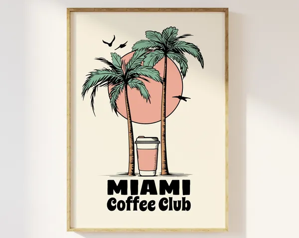 Miami Coffee Club Retro Poster, Palm Tree Travel
