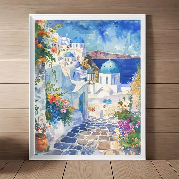 Santorini Greek Travel Art Print, Watercolor Painting