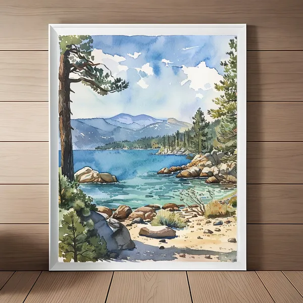 Lake Tahoe Watercolor Art Print, Nevada Landscape