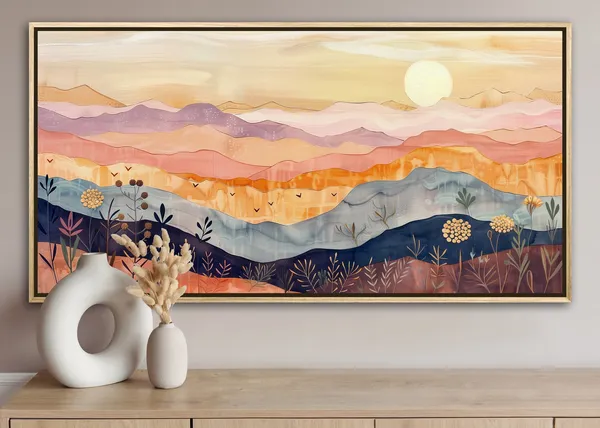 Boho Sunrise Mountain Art Print, Minimalist Hills