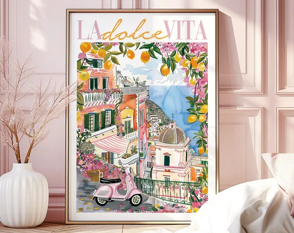 La Dolce Vita Amalfi Coast Italy Watercolor Travel Poster