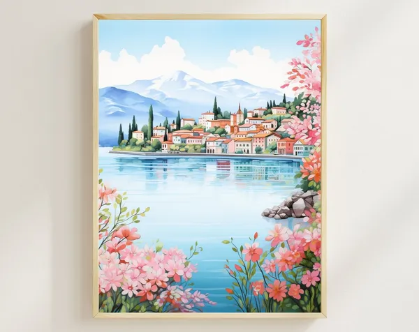 Lake Como Watercolor Travel Poster, Italian Coastal