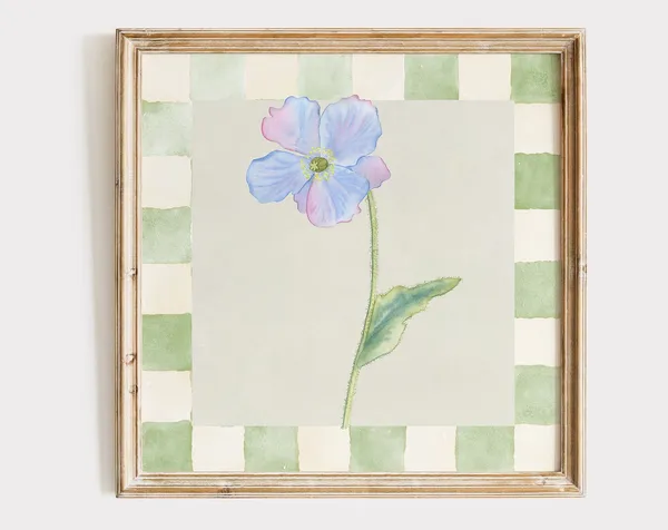 Green Checkered Floral Square Art Print