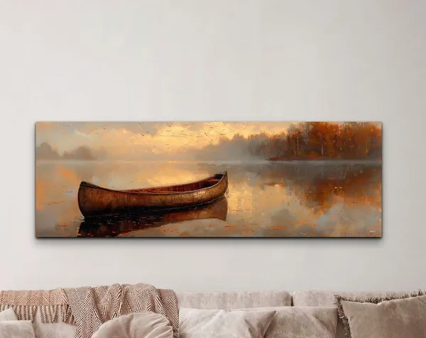 Lake Canoe Minimalist Art Print, Rustic Cabin Decor