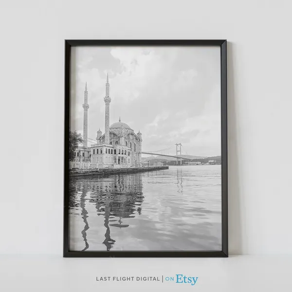 Istanbul Poster, Black White Cityscape Art Print