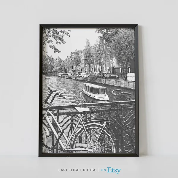 Amsterdam Canal Houses Travel Poster, Black White