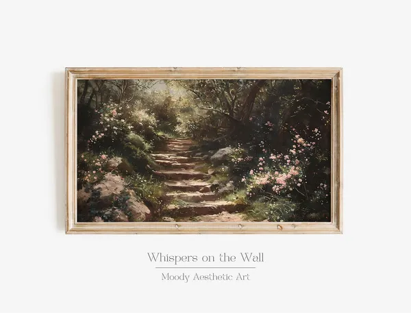 Spring Cottagecore Floral Staircase, Vintage Art Print