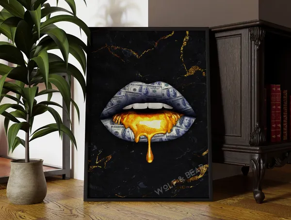 Golden Lips Money Talks Art Print, Punk Quirky Decor