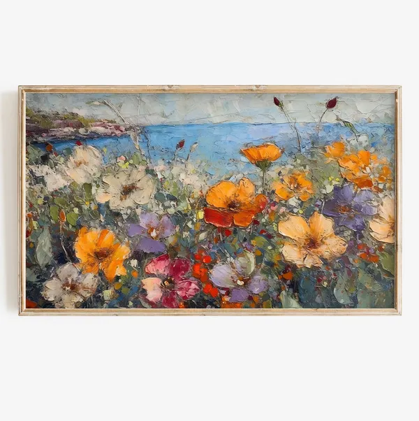 Vintage Summer Sea Landscape Poster, Coastal Floral