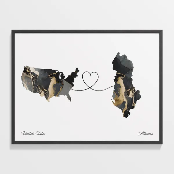 USA to Albania Map Poster, Faraway Love Travel Art