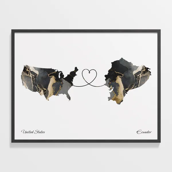 USA to Ecuador Map Poster, Marble Travel Print