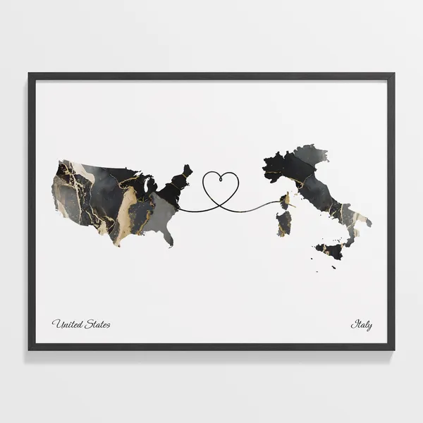 USA to Italy Map Art Print, Expatriate Travel