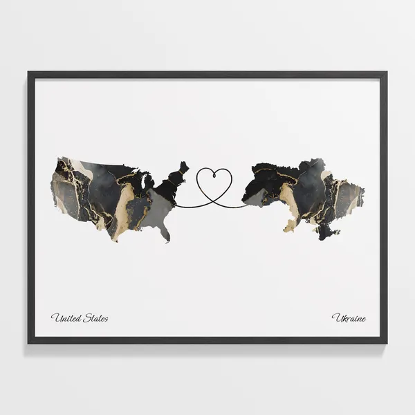 USA to Ukraine Map Poster, Expatriate Travel Art