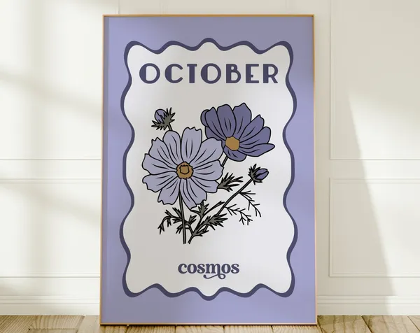October Birth Flower Print, Blue Floral Illustration