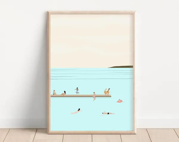 Tiny People Swimming In Lake Art Print, Minimalist
